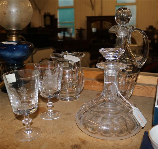 6 Worcester chocolate cups, Hop cake plate & slice (all boxed), other Evesham ware, glass claret jug, decanter etc (faults)